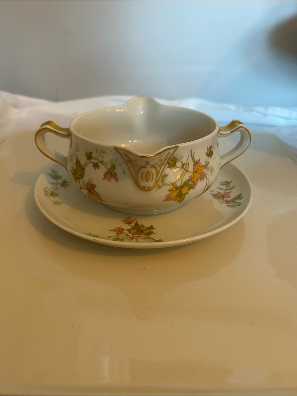 Haviland Gravy or Sauce Bowl with Saucer - White with Autumn Leaf Pattern